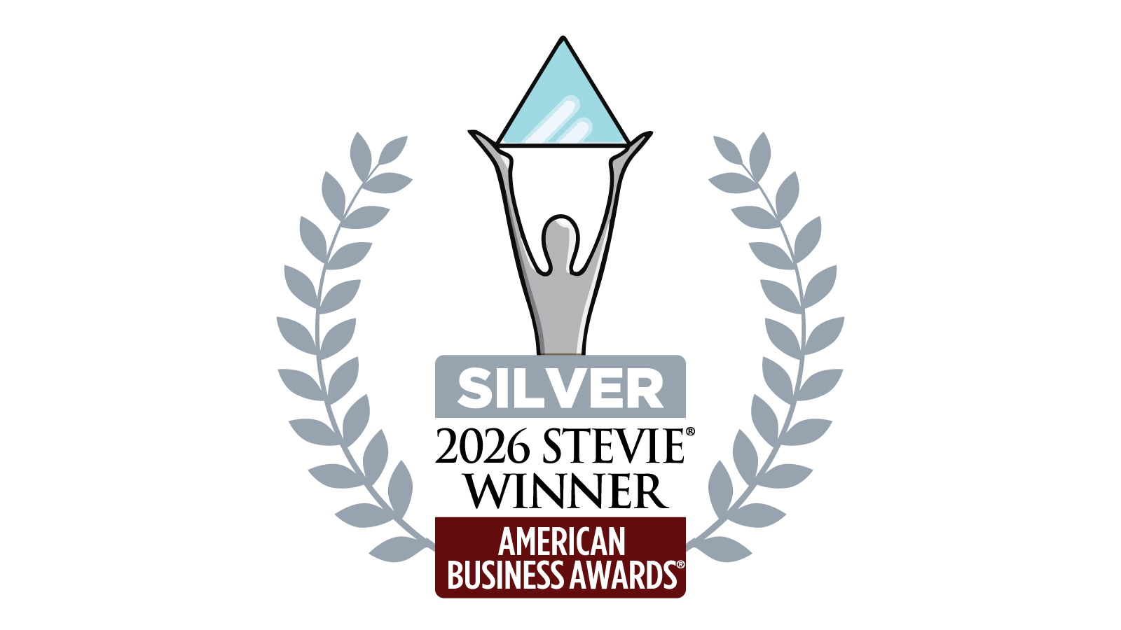 Silver Stevie Award trophy with laurel wreaths, celebrating 2026 Stevie Winner — American Business Awards action.