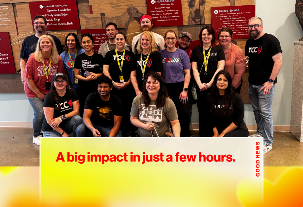 Group of volunteers posing indoors in front of a mural, some wearing TCC shirts and lanyards, with a large bright banner reading “A big impact in just a few hours.”