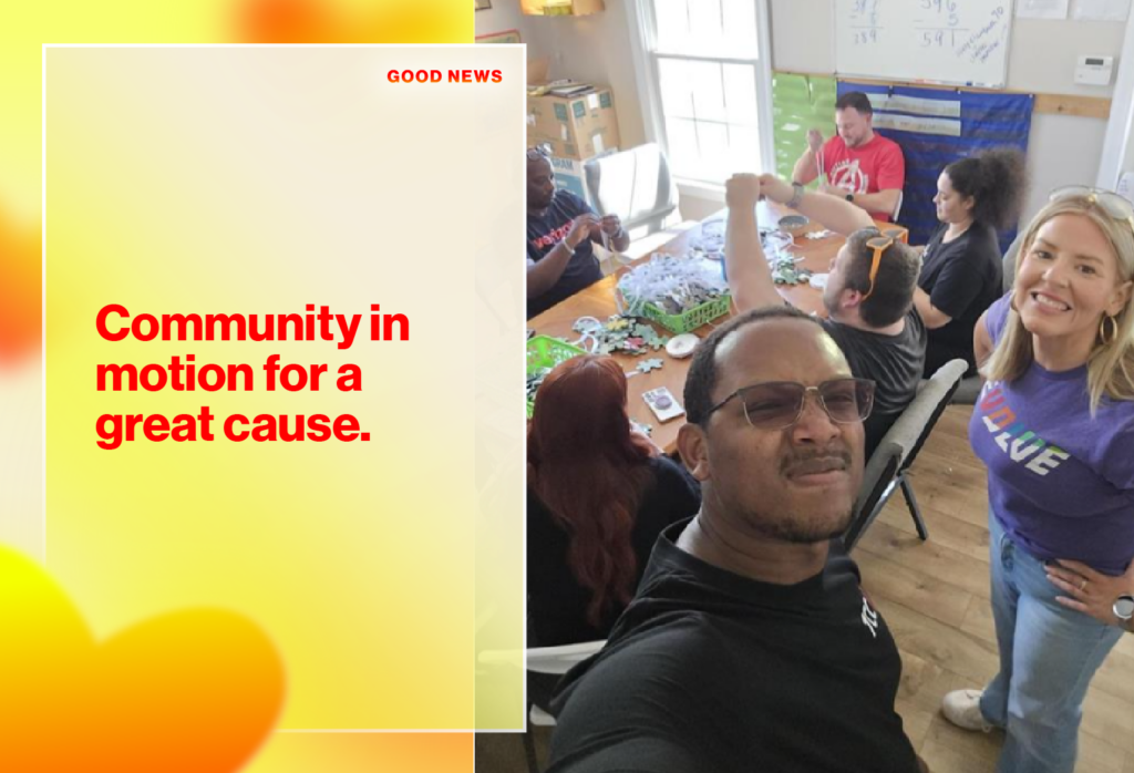Volunteer group crafts at a community table; banner reads 'GOOD NEWS' and the headline 'Community in motion for a great cause.'