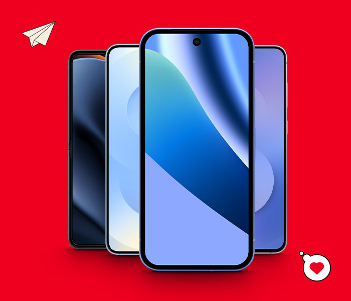 Four smartphones arranged in a fan on a bright red background, displaying blue gradient screens; a paper plane icon sits in the top-left and a heart sticker in the bottom-right.
