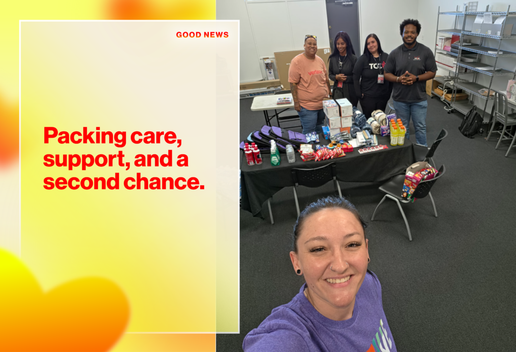 Group of four volunteers behind a table of donated supplies at a charity event; left panel shows 'GOOD NEWS' headline.