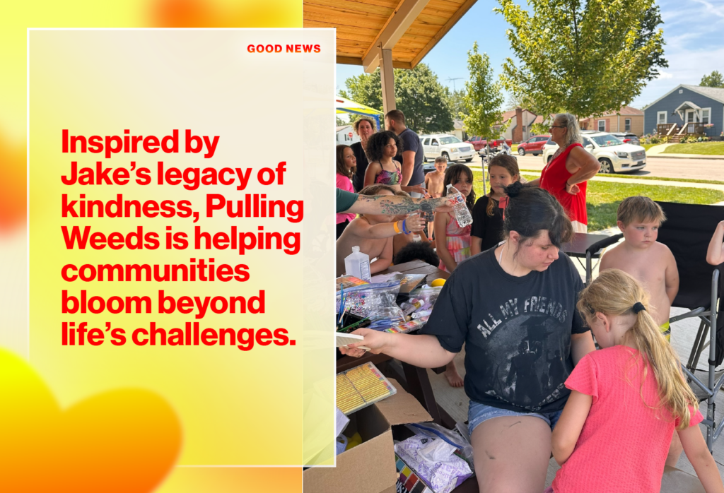 Hero banner for a news story: a busy outdoor community event under a pavilion with kids and adults, distributing water and supplies, beside a bold red headline about kindness and Jake’s legacy.