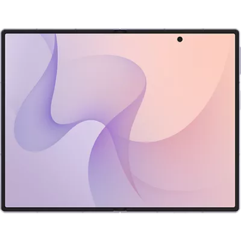 Smartphone or tablet screen showing a pastel purple–peach abstract wallpaper with dark borders.
