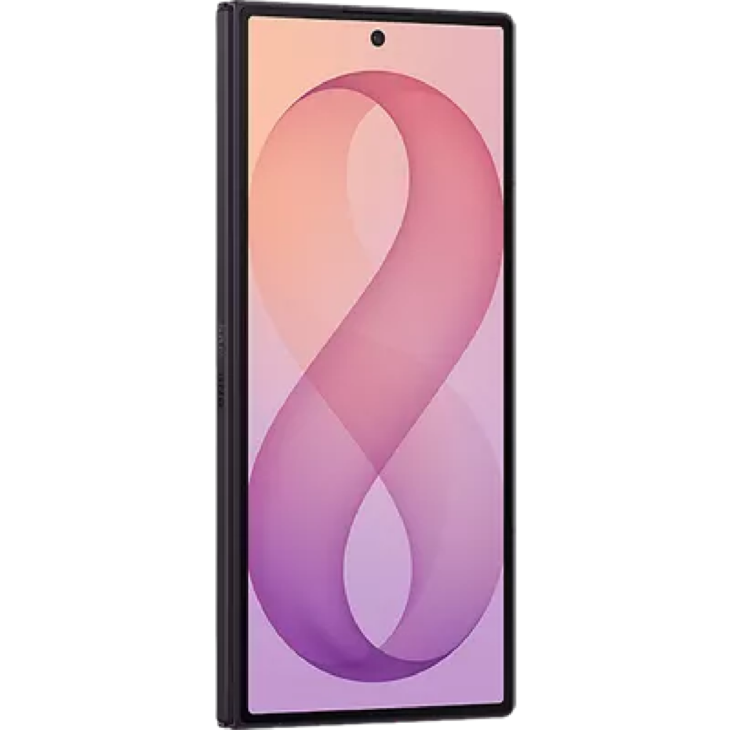 Front view of a tall black-framed smartphone with a pink gradient abstract wallpaper and a small notch at the top center screening edge.