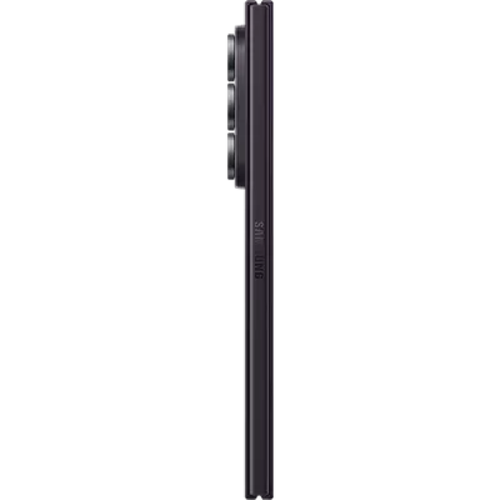 Side view of a tall black Samsung smartphone with a vertical multi-lens camera bump on the back.