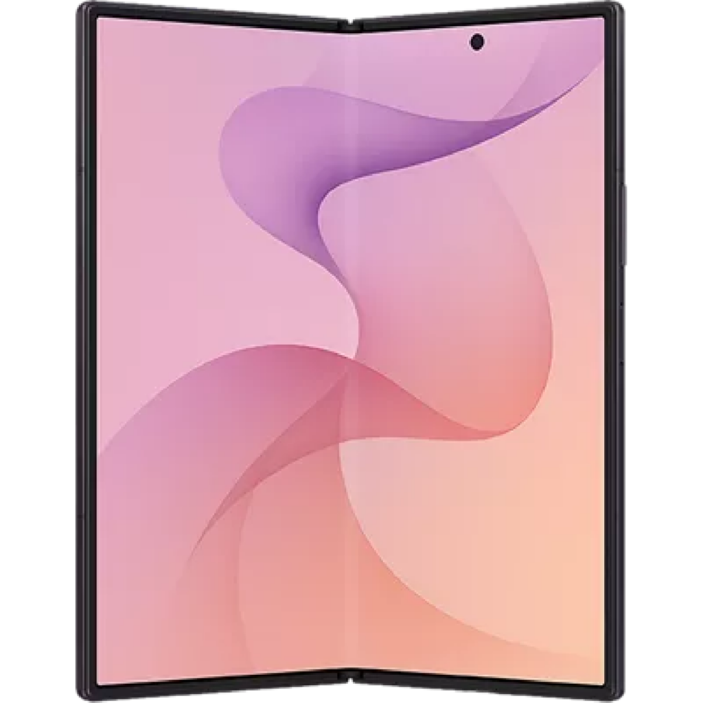 Foldable smartphone displaying pink abstract wallpaper on a curved edge screen.