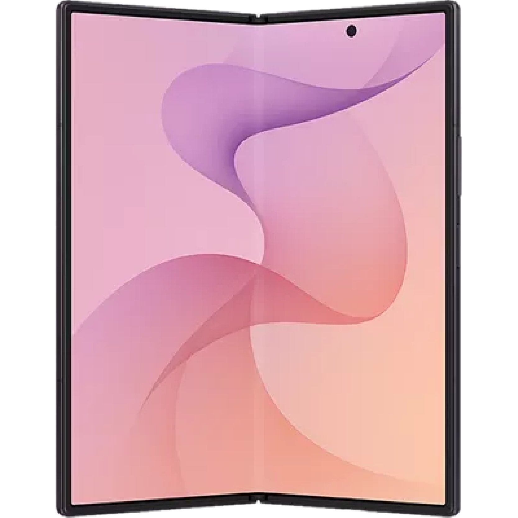 Foldable smartphone displaying pink abstract wallpaper on a curved edge screen.