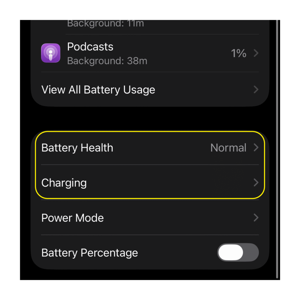 Settings screen with Battery Health and Charging options; Battery Health row is highlighted, showing 'Normal' status and a chevron, on a dark iOS style panel
