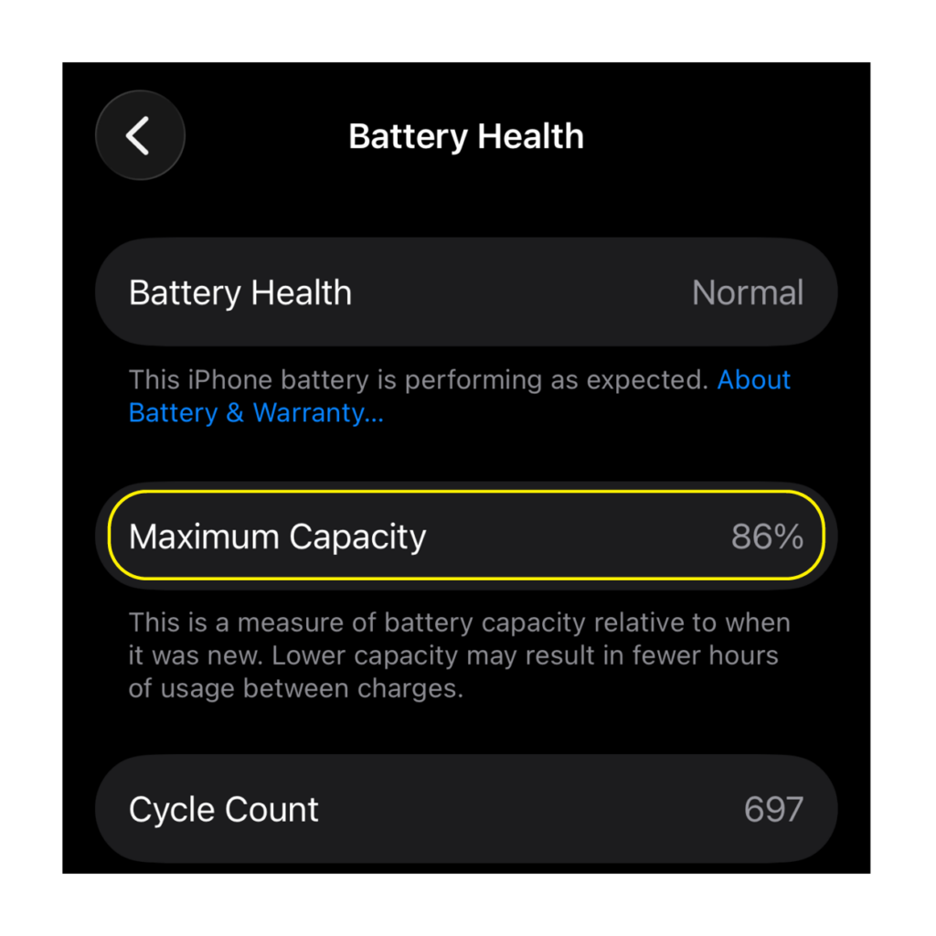 iPhone Battery Health screen showing Maximum Capacity at 86% highlighted in yellow, with back arrow and status text above