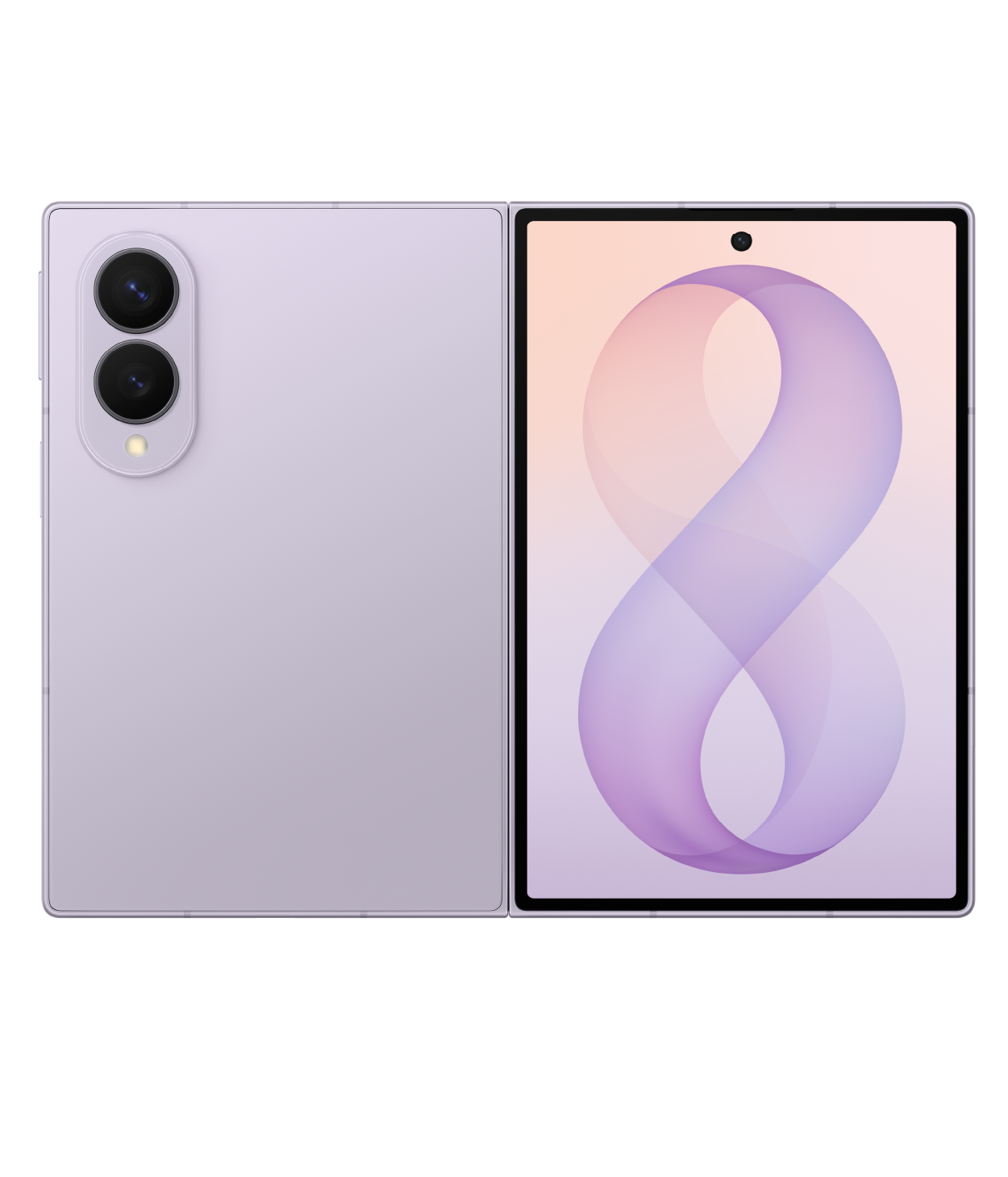 Lavender foldable smartphone opened to show a large screen on the right and a vertical dual-camera module on the left.