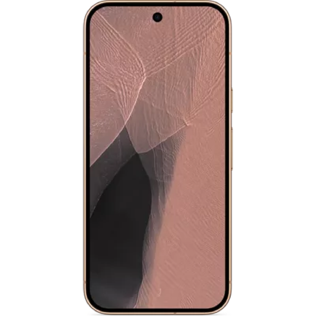 Gold-edged smartphone with a severely cracked pink screen, held near the bottom corner by a finger.