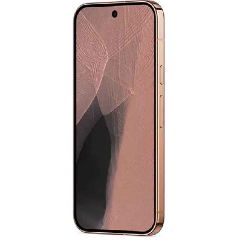Rose-gold smartphone seen from the front with a cracked display. (informational)