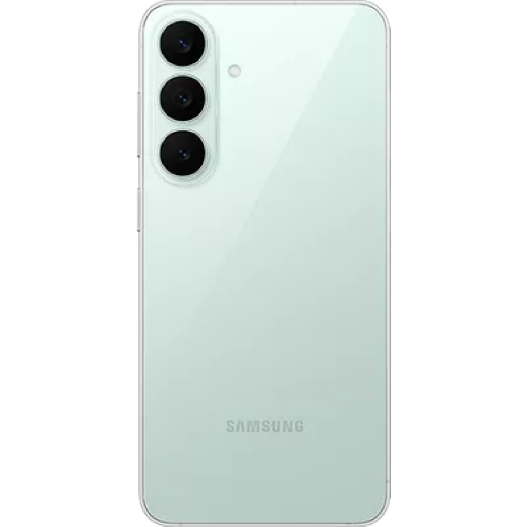 Back view of a Samsung smartphone showing a vertical triple-camera module in the top-left corner on a pale green/gray back panel.