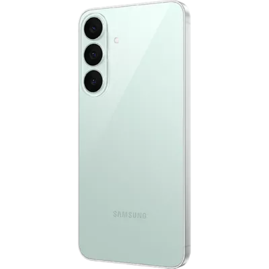 Back of a mint-green Samsung phone with a vertical triple-camera array in the top-left corner.