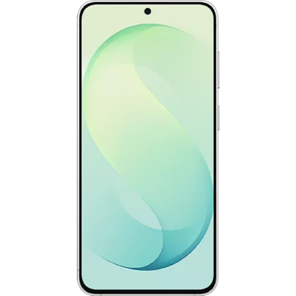 Smartphone with a rounded edge display showing a pastel mint-green gradient wallpaper and a small top-center camera cutout
