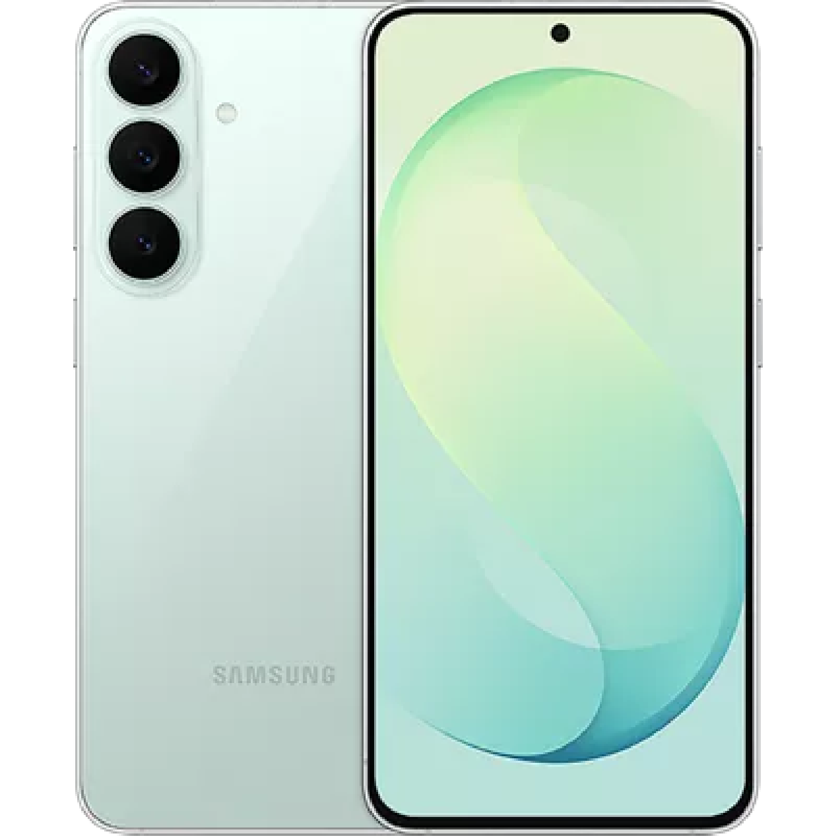 Samsung smartphone viewed from back and front: silver finish with a vertical triple-camera module beside the Samsung logo and a large edge-to-edge display on the right.